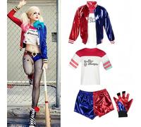Harley Quinn Costume Suit, Suicide Squad Villain Fancy Dress Halloween Costume Jester Outfit, Jacket T-shirt Shorts Glove, Accessory, Adult Women Carnival Cosplay (Adult - 4Pcs, M)