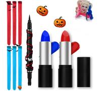 Harley Quinn Makeup Kit, Joker Makeup, Halloween Face Paint, Clip in Hair Extensions + Red and Blue Face Paint Sticks + Eyeliner Stamp Heart, Harley Quinn Accessories for Cosplay Makeup Women Girls