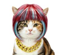 Harley Quinn Style Cat Costume Wig Set Pink & Blue Ombre Bob Wig with Gold Chain Collar Adjustable Cute Pet Cosplay Accessories for Small Dogs Cats Halloween Christmas Party Photos Dress Up