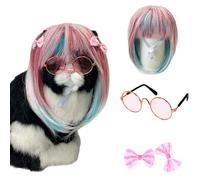 Harley Quinn Style Cat Costume Wig Set Pink & Blue Ombre Bob Wig with Sunglasses & Bows Adjustable Funny Pet Cosplay Accessories for Small Dogs Cats Halloween Christmas Party Photos Dress Up