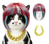 Harley Quinn Style Cat Wig Costume Set Pink & Blue Ombre Bob Wig with Gold Chain Necklace Collar Adjustable Pet Cosplay Accessories for Small Dogs Cats Halloween Christmas Party Photos Dress Up