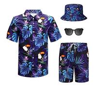 Harloon 4Pcs Men's Hawaiian Shirt and Short Set Casual Button Down Summer Beach Flower Outfits with Bucket Hats and Sunglasses, Palm Leaf, X-Large
