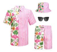 Harloon 4Pcs Men's Hawaiian Shirt and Short Set Casual Button Down Summer Beach Flower Outfits with Bucket Hats and Sunglasses, Flamingo, Large