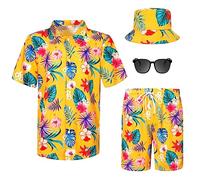 Harloon 4Pcs Summer Halloween Men's Hawaiian Shirt and Short Set Casual Button Down Flower Outfits with Bucket Hat Sunglasses, Floral and Leaf, Large