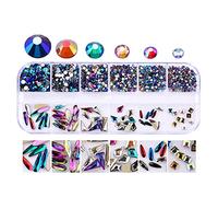 Harlotte 12 Grids Glass Nail Art Decorations Multi-Shape Multi-Size Nails Ornaments-Style:Mixed Color Ab