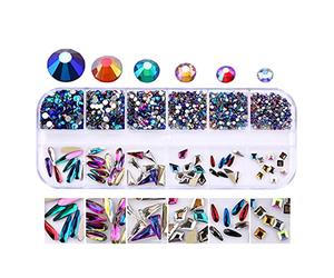 Harlotte 12 Grids Glass Nail Art Decorations Multi-Shape Multi-Size Nails Ornaments-Style:Mixed Color Ab
