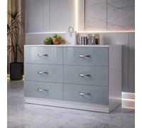 Harmin Grey High Gloss 6 Drawer Sideboard / Cupboard / Buffet Solo / Chest Of Drawers With Matt White Frame