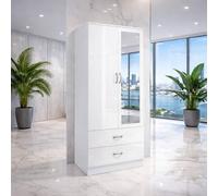 Harmin White High Gloss Mirrorred 2 Door Soft close wardrobe with 2 drawers Harmin White