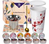 Harmoleaf Premium Tea Blend Gift Set Discovery Collection - 6 Artisan Herbal Blends with Double-Wall Ceramic Cup, Stirring Spoon & Strainer | Organic Loose Leaf Tea Sampler