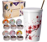 Harmoleaf Premium Tea Blend Gift Set Discovery Collection - 6 Artisan Herbal Blends with Double-Wall Ceramic Cup, Stirring Spoon & Strainer | Organic Loose Leaf Tea Sampler