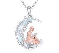 HARMONY BOLA Book Necklace 925 Sterling Silver Moonstone Tree of Life Book Pendant Reading Necklace Jewelry Birthday Gifts for Women Daughter