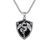 HARMONY BOLA Dragon Engraved Pendant 925 Sterling Silver Shield Necklace Vintage Dragon Jewelry for Men Birthday Valentine's Day