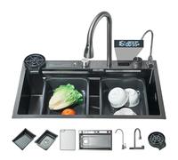 HARNART Multifunctional Kitchen Sink, 75 x 45 cm, Stainless Steel Sink with Extendable Mixer, Waterfall Sink with Cup Washing Machine, Black