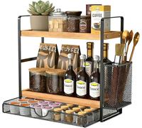 Harnidipa 2 Tier Kitchen Storage & Organisation Rack, Coffee Station, Black Countertop Organiser with Drawer and Basket, for Spice Rack, Tea Organiser and Restaurant Storage