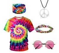 HarnyLoom 5 Pcs 70s Fancy Dress Women Mens, Hippie Costume T-Shirt 80s Fancy Dress for Adults Disco Headband Sunglasses Accessories Retro Party Carnival (multicolor, S)