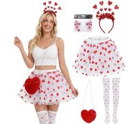 HarnyLoom 5 Pieces Heart Cupid Costume Set, Cupid Tutu Skirts Costume Women Accessories Headband Stockings Red Heart Bag Queen of Hearts Carnival Party Cosplay Adults Valentines Gifts for Her