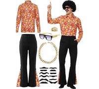 HarnyLoom 70s Disco Outfit Men Disco Costume Set Men with Shirt Flared Pants Accessories 1970s Fancy Dress for Adults Hippie Costume for Halloween Carnival Party (Color 1, L)
