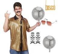HarnyLoom 70s Fancy Dress Mens Disco Mens Shirt Sequins Retro Hippie Costume Accessories with Glasses Necklace Beard Disco Ball Decorations Festival Outfit Party Cosplay(Gold, S)