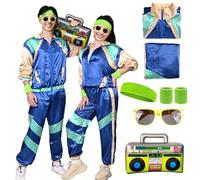 HarnyLoom 80s 90s Fancy Dress Costume Men Women Adults, Shell Suit Rave Tracksuit Retro Outfit Jacket Hip Hop Rapper Disco Accessories Carnival Halloween Party (Blue, XL)