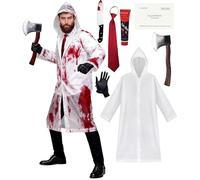 HarnyLoom Adults Psycho Costume for Men, Transparent Raincoat Red Tie Gloves Toy Knife Axe Prop Business Card Bloody Raincoat Film Character Fancy Dress Halloween Killer Cosplay Outfit (White 2)