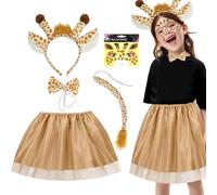 HarnyLoom Girls Giraffe Costume Set: 5 Pieces Kids Girls Giraffe Ears Headband Tail Face Sticker Bow Tie Tutu Skirt Fancy Dress Up Outfits for World Book Day Halloween Christmas Cosplay