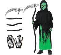 HarnyLoom Grim Reaper Costume Kids Boys Halloween Glow in the Dark Skeleton Death Ghost Scythe Outfit Scary Grim Reaper Robe Phantom Gloves Fancy Dress Cape (M)