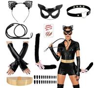 HarnyLoom Halloween Costume Adult Women- Cat Women Costume Mask Black Gloves Ears & Tail Choker Whip Gold Belt Nail Stickers, Costume Accessories for Fancy Dress Cosplay