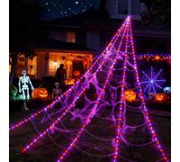 HarnyLoom Halloween Decoration 16.4 FT Spider Web Lights with 250 Purple Orange LED Lights, Waterproof Light Up Halloween for Indoor Outdoor Garden Yard Decor