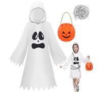 HarnyLoom Halloween Ghost Costume Kids, Hooded Cloak with Pumpkin Candy Bag & Costume Accessories Chains, White Ghost Face Fancy Dress Outfit for Boys Girls Halloween Trick or Treating (XS)