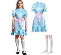 HarnyLoom Halloween Shining Twins Costume Adult Creepy Blue Shining Dress with Socks & Face Painting Kit Halloween Twin Sisters Fancy Dress Outfits for Women Adults Cosplay (M)