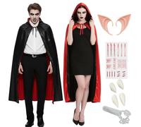 HarnyLoom Halloween Vampire Capes Adult, Vampire Cloak Women Men Unisex Reversible Hooded with Vampire Fake Teeth Witch Costumes for Halloween Fancy Dress Masquerade Party Cosplay (Red Black, L)