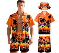 HarnyLoom Hawaiian Shirts for Men, Hawaiian Shirt and Shorts Mens Bucket Tropical Summer Short Sleeve Outfit Beach Vacation Party (Orange, 2XL)
