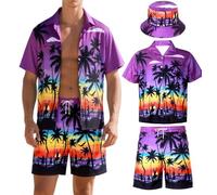 HarnyLoom Hawaiian Shirts for Men, Hawaiian Shirt and Shorts Mens Bucket Tropical Summer Short Sleeve Outfit Beach Vacation Party (Purple, 3XL)