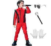 HarnyLoom King of Pop Costume for Men Kids, 80s Fancy Dress Red Jacket Musician Retro Rap Pop Adult Outfit with Microphone Sunglasses Halloween Costume for Boys Men (Kid, L)