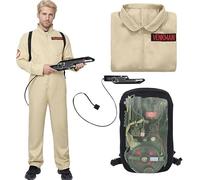 HarnyLoom Men's Ghosl Hunter Venkman Costume Jumpsuit & Inflatable Proton Pack Backpack Classic 1984 Fancy Dress Adult Halloween Dress Up Outfit (S)