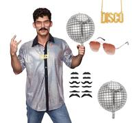 HarnyLoom Mens Shirt 80s 70s Fancy Dress Men Disco Sequins Button Down Short Sleeve Shirts Disco Ball Decorations Party Costume Cosplay (Silver, S)