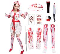 HarnyLoom Nurse Costume Women Halloween Zombie Nurse Outfit Adult Ladies Dress, Scary Bloody Bloodstained Outfit Doctor Patient Accessories Stockings Hat Face Paint Stickers Fancy Dress (L)