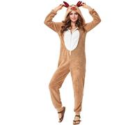 HarnyLoom Santa Claus Reindeer One-Piece Pajamas Hooded Soft Christmas Role Play Adult Women