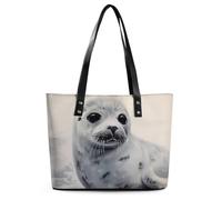 Harp Seal Painting Leather Tote Bag for Women Work Shoulder Purses with Zipper Waterproof Large Computer Shoulder Bag Fashion Ladies Shoulder Handbag Reusable Shopping Bags