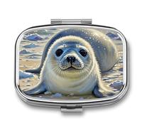 Harp Seal Painting Pill Box 2 Compartment Portable Pill Case Daily Square Pill Organizer for Pocket Purse Daily Medicine Container to Hold Vitamins Fish Oil Travel Gifts