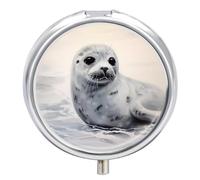 Harp Seal Painting Pill Box 3 Compartment Small Pill Case with Mirror for Purse & Pocket Travel Medicine Organizer Daily Medication Container Portable Pillbox Metal Medicine Box Round Meds Case