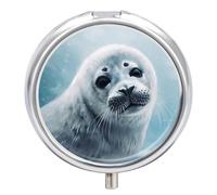 Harp Seal Painting Pill Box 3 Compartment Small Pill Case with Mirror for Purse & Pocket Travel Medicine Organizer Daily Medication Container Portable Pillbox Metal Medicine Box Round Meds Case