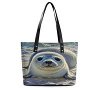 Harp Seal Painting Tote Bag Large Soft Leather Purse with Zipper Lightweight Ladies Shoulder Handbag