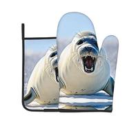 Harp Seal Painting Wallpaper Print Oven Mitts and Pot Holders Sets Waterproof Kitchen Mitts with Storage Rope for Microwave, Stove, and Outdoor BBQ