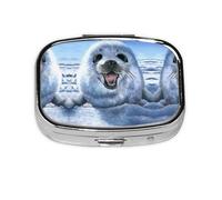 Harp Seal Painting Wallpaper Print Pill Box 2 Compartment Medicine Pill Case,Portable for Pocket Or Purse Pill Box Decorative Metal Medicine Organizer