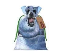 (Harp Seal Painting Wallpaper) Printed Christmas S Size Gift Bags with Green Ribbon Drawstring Candy Bags for Kids Xmas Holiday Christmas Eve Presents