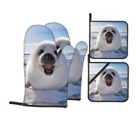 Harp Seal Painting Wallpaper Printed Pot Lid Gloves Set - Baking Oven Gloves, (500°F Temperature Resistant) Kitchen Cooking Heat Insulation Artifact