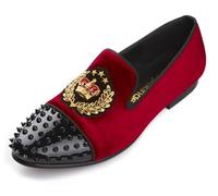 Harpelunde Slip On Men Wedding Dress Shoes Crown Badge Velvet Loafers Spikes Cap Toe Tuxedo Slippers (red, Adult, Men, 8, Numeric, UK Footwear Size System, Medium)