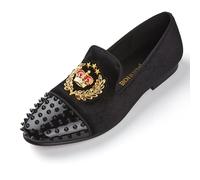 Harpelunde Slip On Men Wedding Dress Shoes Crown Badge Velvet Loafers Spikes Cap Toe Tuxedo Slippers (Black, Adult, Men, 12, Numeric, UK Footwear Size System, Medium)