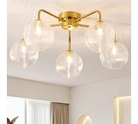 HARPER LIVING 5-Light Modern Ceiling Light, Chandeliers Brass Finish with Textured Glass Shades, 5xG9 Bulb Base, 56cm Flush Ceiling Lamps for Living Room Bedroom Kitchen Dining Room